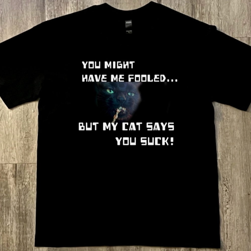 Black Cat Graphic Tee - 'You Might Have Me Fooled' cotton, unisex large